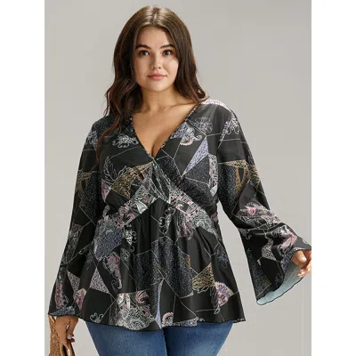 Bloomchic Women's Plus Size Bandana Print Elastic Waist Blouse Blackflower Dailywear Long Sleeve 10/m