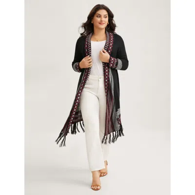 Bloomchic Women's Plus Size Bandana Print Fringe Trim Maxi Cardigan Black Long Sleeve Wide Lapel 10/m