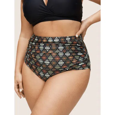 Bloomchic Women's Plus Size Bandana Print Gathered High Rise Swim Bottom Black Bohemian Print Short Non Fully 