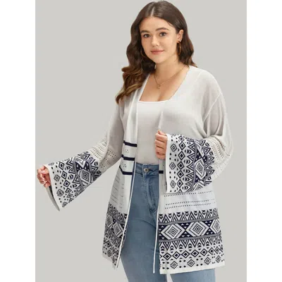 Bloomchic Women's Plus Size Bandana Print Geo Eyelet Ties Front Cardigan Whitesmoke Long Sleeve 12/l