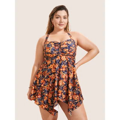 Bloomchic Women's Plus Size Bandana Print Knotted Asymmetrical Hem Swim Dress Darkblue Tropical Gathered Adapt In Blue