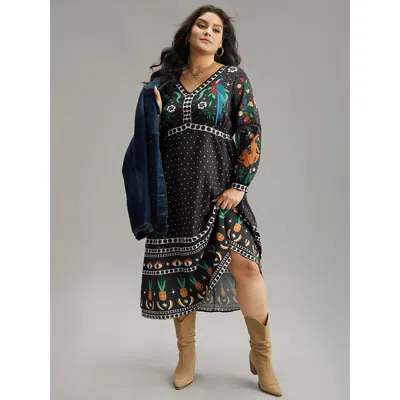 Bloomchic Women's Plus Size Bandana Print Lantern Sleeve Ruffle Hem Dress Black Vacation Printed 12/l