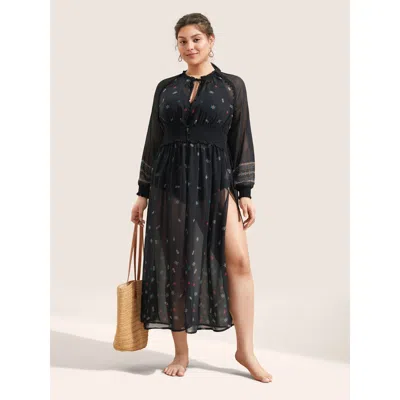 Bloomchic Women's Plus Size Bandana Print Mesh Shirred Split Side Kimono Black Shirred 10/m