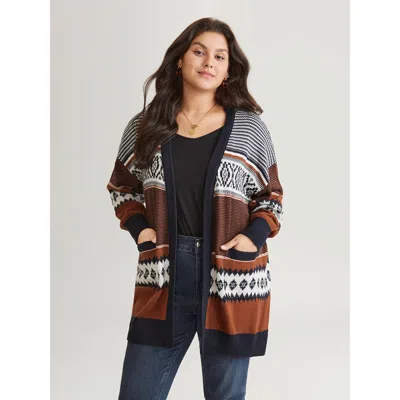 Bloomchic Women's Plus Size Bandana Print Open Front Patched Pocket Cardigan Rust Long Sleeve 14-16/1x In Brown