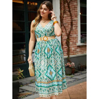 Bloomchic Women's Plus Size Bandana Print Overlap Collar Pocket Tank Dress Mint Dailywear Gathered 30/6x In Green