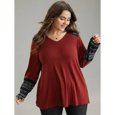 Bloomchic Women's Plus Size Bandana Print Patchwork Contrast T-shirt Scarlet Long Sleeve Dailywear 10/m In Red