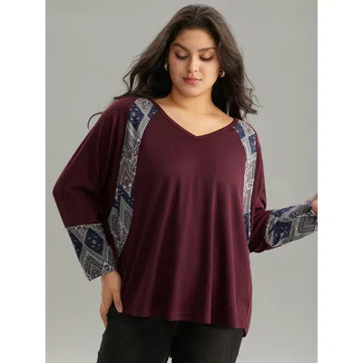 Bloomchic Women's Plus Size Bandana Print Patchwork Raglan Sleeve T-shirt Burgundy Long Sleeve Dailywear 10/m