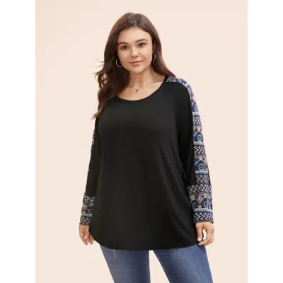 Bloomchic Women's Plus Size Bandana Print Patchwork Round Neck T-shirt Black Bohemian Print Everyday Long Slee