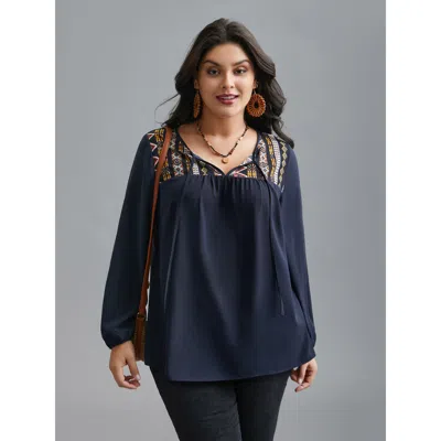 Bloomchic Women's Plus Size Bandana Print Patchwork Ties Blouse Indigo Bohemian Print Vacation Long Sleeve 12/ In Purple