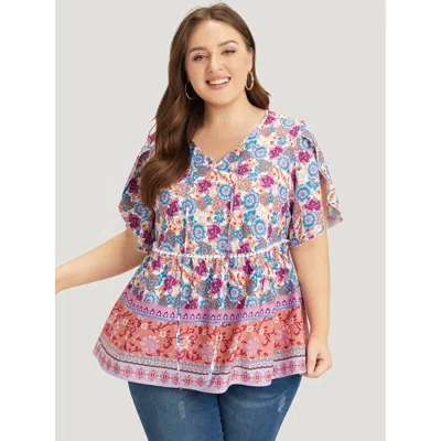 Bloomchic Women's Plus Size Bandana Print Petal Sleeve Tie Neck Pompom Trim Blouse Lilac Dailywear Short Sleev In Purple