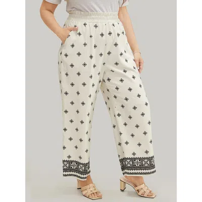 Bloomchic Women's Plus Size Bandana Print Pocket Paperbag Waist Pants Ivory Mid Rise Dailywear 10/m In White