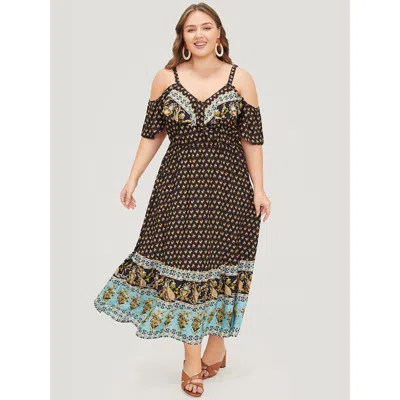 Bloomchic Women's Plus Size Bandana Print Pocket Ruffle Trim Cold Shoulder Maxi Dress Black Dailywear Adjustab
