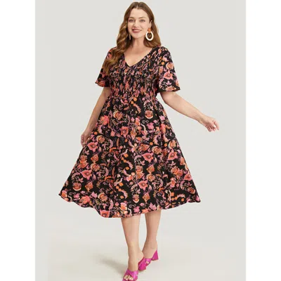 Bloomchic Women's Plus Size Bandana Print Pocket Shirred V Neck Ruffle Hem Dress Black Dailywear Pocket 30/6x