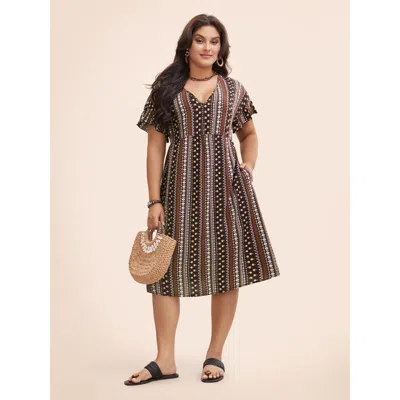 Bloomchic Women's Plus Size Bandana Print Pocket V Neck Ruffle Sleeve Dress Multicolor Vacation Printed 14-16/