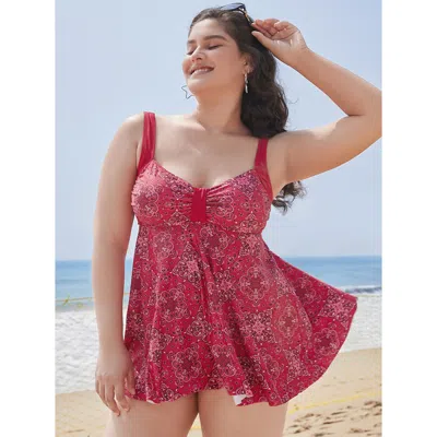 Bloomchic Women's Plus Size Bandana Print Ruched Adjustable Straps Ruffles Tankini Top Crimson Bohemian Print  In Red