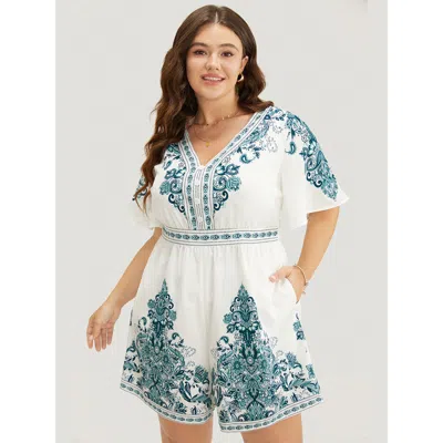 Bloomchic Women's Plus Size Bandana Print Ruffle Sleeve Pocket Button Detail Romper Emerald Dailywear 30/6x In Green