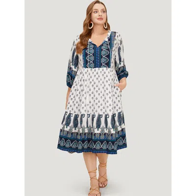 Bloomchic Women's Plus Size Bandana Print Ruffles Lantern Sleeve Pocket Tassels Tie Neck Dress White Dailywear