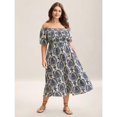 Bloomchic Women's Plus Size Bandana Print Shirred Off Shoulder Dress Darkblue Else Midi Vacation Smocked 28/5x In Blue