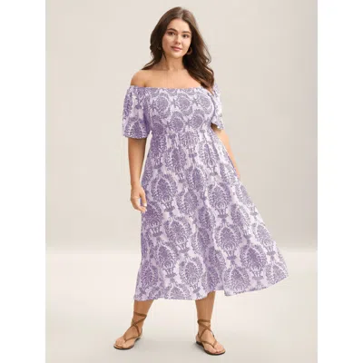 Bloomchic Women's Plus Size Bandana Print Shirred Off Shoulder Dress Lavender Else Midi Vacation Smocked 28/5x In Purple