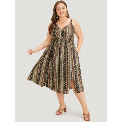 Bloomchic Women's Plus Size Bandana Print Shirred Pocket Split Wrap Cami Dress Darkbrown Dailywear Adjustable  In Brown