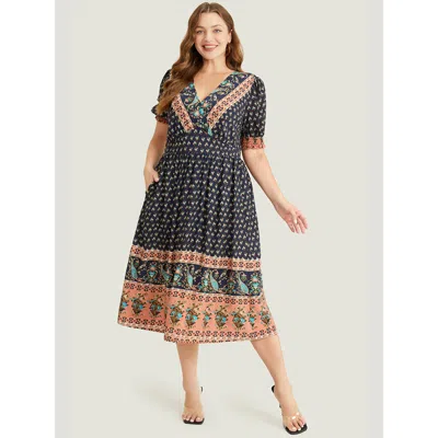 Bloomchic Women's Plus Size Bandana Print Shirred Puff Sleeve Pocket Wrap Empire Waist Dress Indigo Dailywear  In Purple