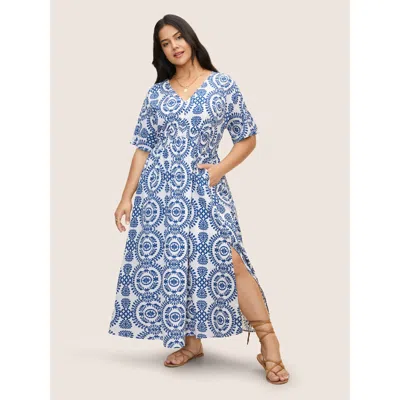 Bloomchic Women's Plus Size Bandana Print Shirred Split Side Maxi Dress Mediumblue Geometric Maxi Vacation Non
