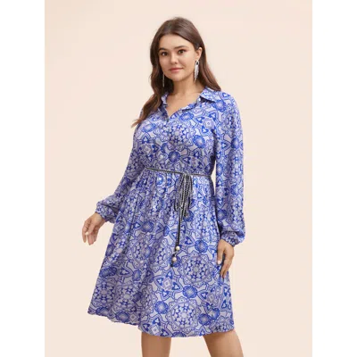 Bloomchic Women's Plus Size Bandana Print Shirt Collar Belted Midi Dress Cerulean Bohemian Print Knee Vacation In Blue