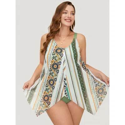 Bloomchic Women's Plus Size Bandana Print Split Hanky Hem One Piece Swimsuit Yellowgreen Adjustable Straps Ada In Green