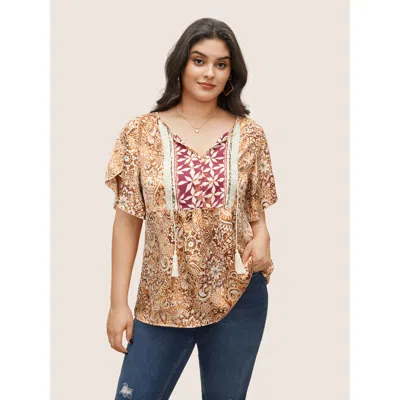 Bloomchic Women's Plus Size Bandana Print Tassel Trim Petal Sleeve Blouse Multicolor Bohemian Print Vacation S