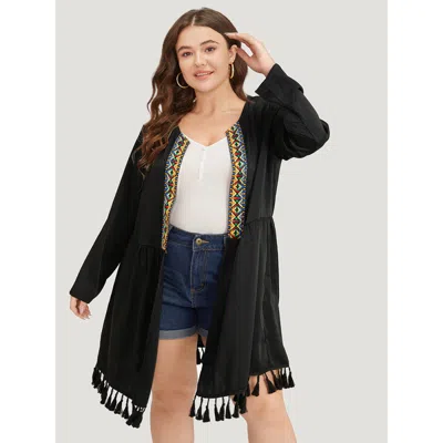 Bloomchic Women's Plus Size Bandana Print Tassels Trim Open Front Kimono Black Tassels Pocket 10/m