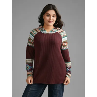 Bloomchic Women's Plus Size Bandana Print Texture Patchwork Hooded T-shirt Plum Bohemian Print Everyday Extra  In Purple