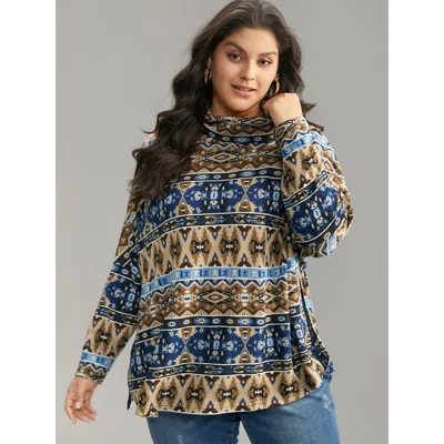 Bloomchic Women's Plus Size Bandana Print Turtleneck Split Hem T-shirt Indigo Dailywear Long Sleeve 14-16/1x In Purple