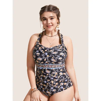 Bloomchic Women's Plus Size Bandana Print Twist Front One Piece Swimsuit Black Floral Twist Adaptive-fit 30/6x
