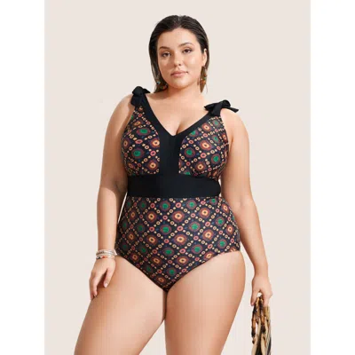 Bloomchic Women's Plus Size Bandana Print Two Tone Knotted One Piece Swimsuit Darkbrown Ethnic Floral Lace-up  In Brown