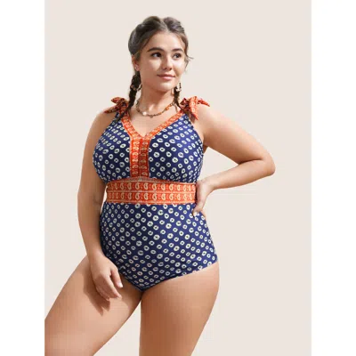 Bloomchic Women's Plus Size Bandana Print Two Tone Knotted One Piece Swimsuit Indigo Ethnic Floral Lace-up Ada In Purple