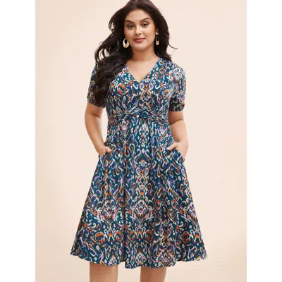 Bloomchic Women's Plus Size Bandana Print V Neck Shirred Gathered Dress Aegean Tropical Midi Everyday Ruched 2 In Blue