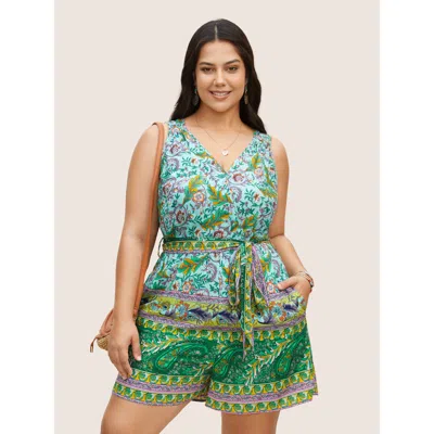 Bloomchic Women's Plus Size Bandana Print Wrap Belted Ties Romper Emerald Vacation No Stretch 30/6x In Green