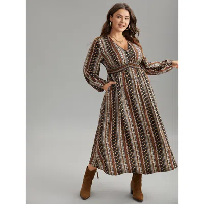 Bloomchic Women's Plus Size Bandana Print Wrap Shirred Dress Multicolor Ethnic Floral Midi Vacation Smocked 30
