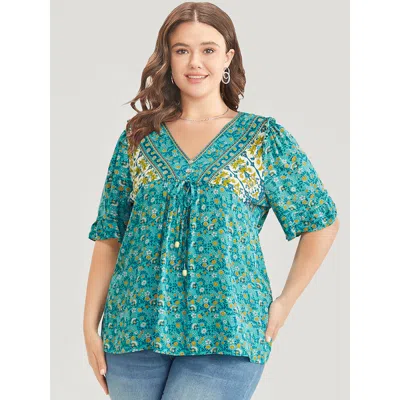 Bloomchic Women's Plus Size Bandana Ruffle Trim Knot Front Button Detail Blouse Emerald Dailywear Short Sleeve In Green