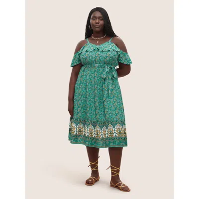 Bloomchic Women's Plus Size Bandana Ruffles Belted Cold Shoulder Dress Aquamarine Bohemian Print Midi Vacation In Blue