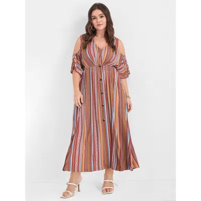 Bloomchic Women's Plus Size Bandana Ruffles Button Pocket Cold Shoulder Maxi Dress Multicolor Bohemian Print D