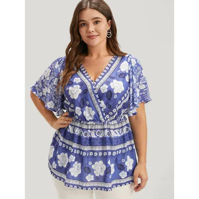Bloomchic Women's Plus Size Bandana Ruffles Elastic Waist Wrap Blouse Blue Bohemian Print Dailywear Short Slee