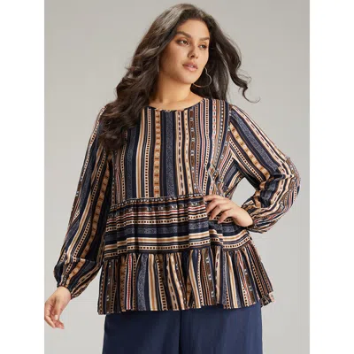 Bloomchic Women's Plus Size Bandana Stried Crew Neck Gathered Blouse Indigo Dailywear Long Sleeve 12/l In Purple