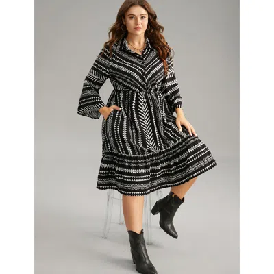 Bloomchic Women's Plus Size Bandana Striped Bell Sleeve Shirt Collar Dress Black Dailywear Printed 10/m
