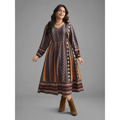 Bloomchic Women's Plus Size Bandana Striped Lantern Sleeve Midi Dress Multicolor Bohemian Print Midi Vacation 