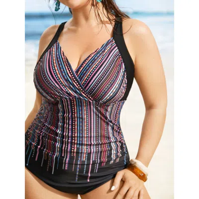 Bloomchic Women's Plus Size Bandana Striped Overlap Collar Back Crisscross One Piece Swimsuit Black Stripes Ga