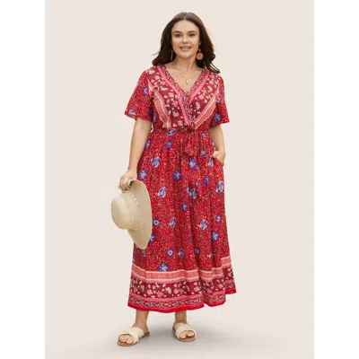 Bloomchic Women's Plus Size Bandana Surplice Neck Pocket Belted Flutter Hem Maxi Dress Scarlet Floral Maxi Vac In Red