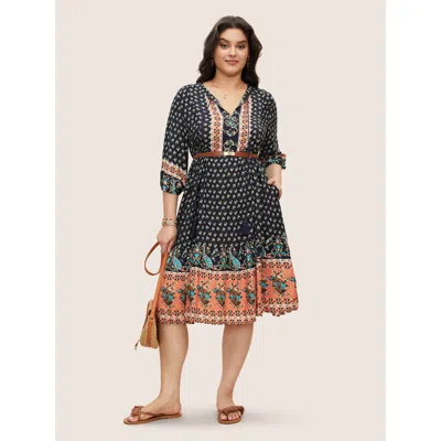 Bloomchic Women's Plus Size Bandana Tassels Lantern Sleeve Ruffle Pocket Keyhole Neck Dress Indigo Bohemian Pr In Purple