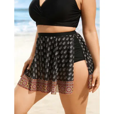 Bloomchic Women's Plus Size Bandana Tie Knot Slit Hem Swim Skirt Black Ethnic Floral Short Colorblock Elastic 