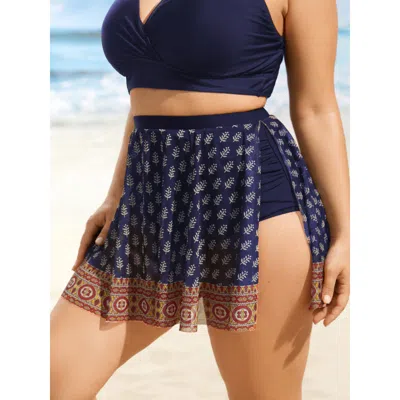 Bloomchic Women's Plus Size Bandana Tie Knot Slit Hem Swim Skirt Indigo Ethnic Floral Short Colorblock Elastic In Purple